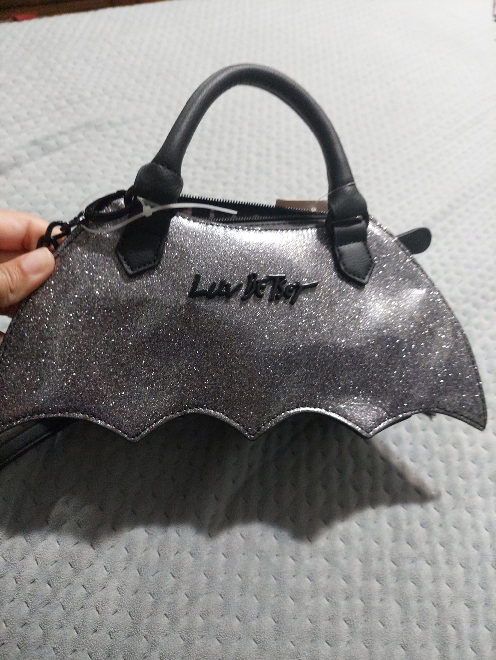 Betsey Johnson Black & Sparkly Silver Glitter Bat Shaped Crossbody Bag NWT